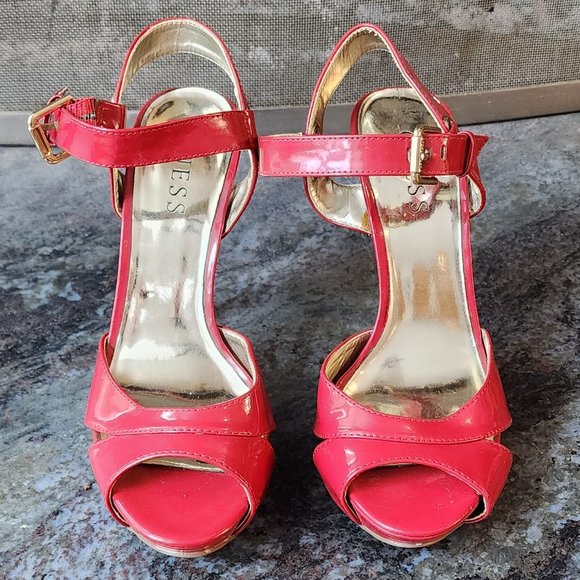 Guess Red Glossy Patent Leather Spike Peep Toe Heels Size 6M - Picture 7 of 16